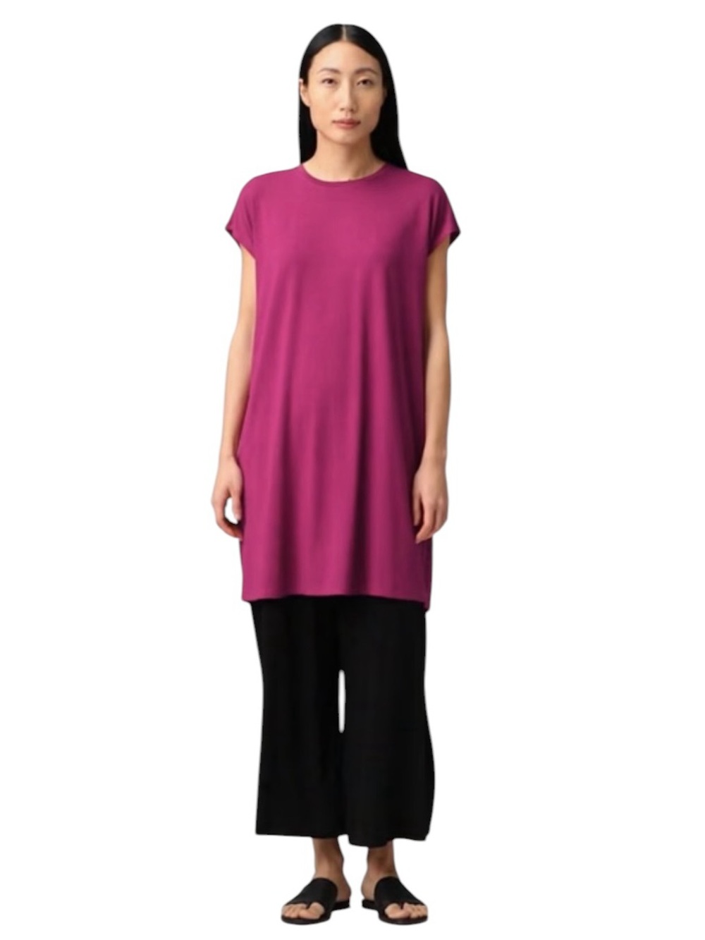 Eileen Fisher cap sleeve fine jersey dress in raspberry magenta quiet luxury